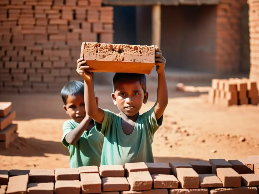 Niños trabajando en un horno de ladrillos bajo el sol, la mirada determinada