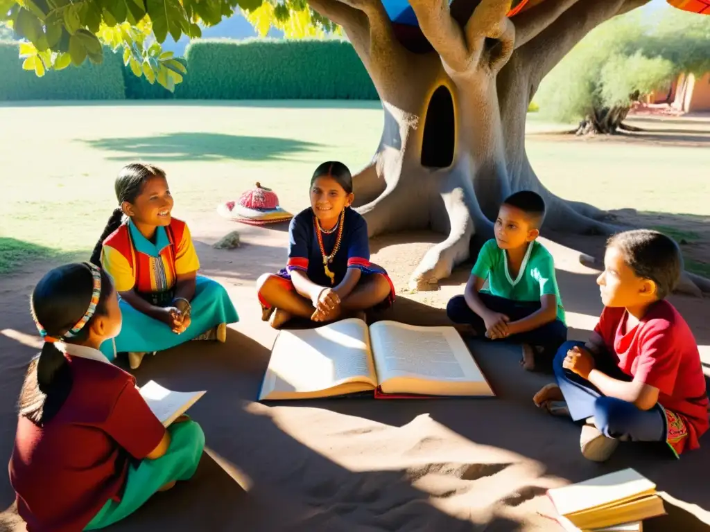 Niños indígenas aprendiendo su idioma y tradiciones bajo un árbol