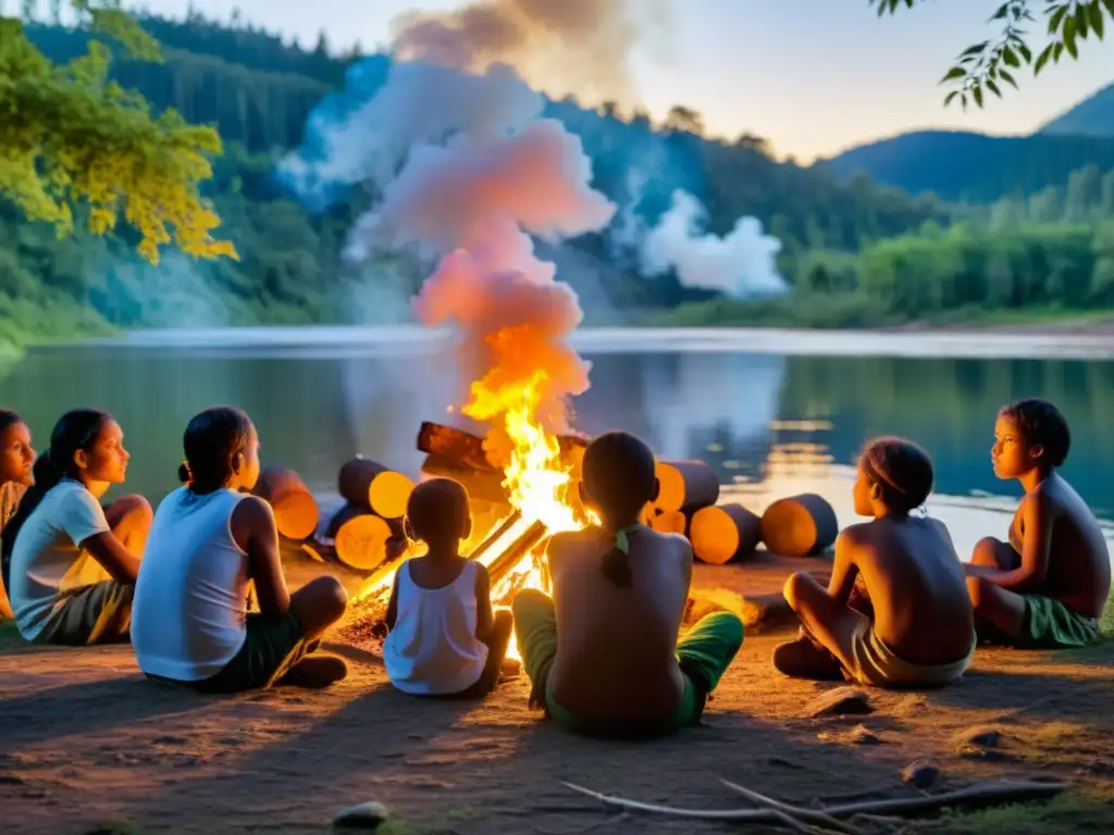 Niños indígenas escuchan atentamente a sus mayores alrededor del fuego en la selva, mostrando la conexión entre comunidades ecosistemas