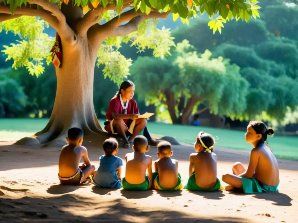 Niños indígenas aprenden tradiciones bajo un árbol, preservando identidad y cultura educación