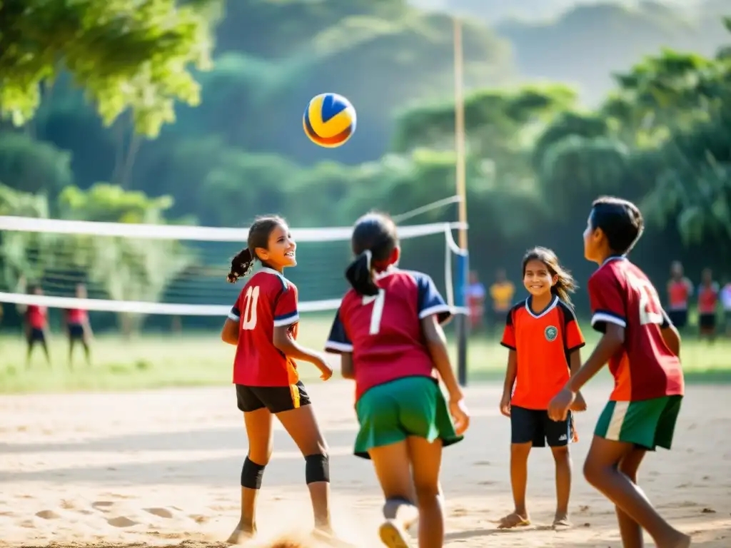 Niños indígenas juegan voleibol en un claro soleado rodeado de vegetación, destacando el impacto del voleibol en comunidades indígenas