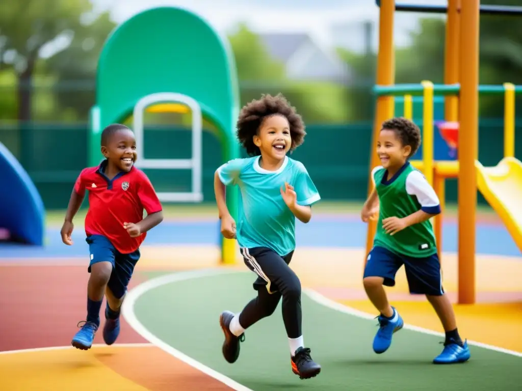 Niños diversos disfrutan juntos en un vibrante parque inclusivo, participando en diversas actividades deportivas