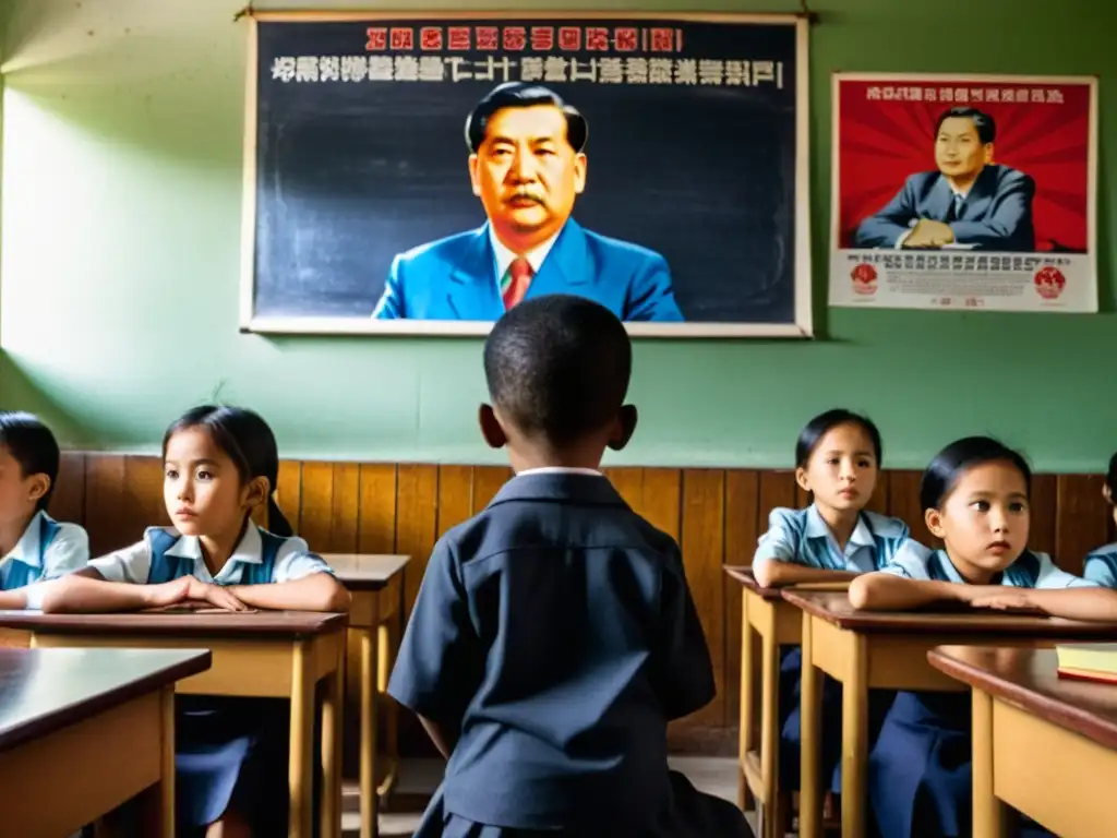 Niños escuchando lección en aula comunista, mostrando impacto del adoctrinamiento en educación