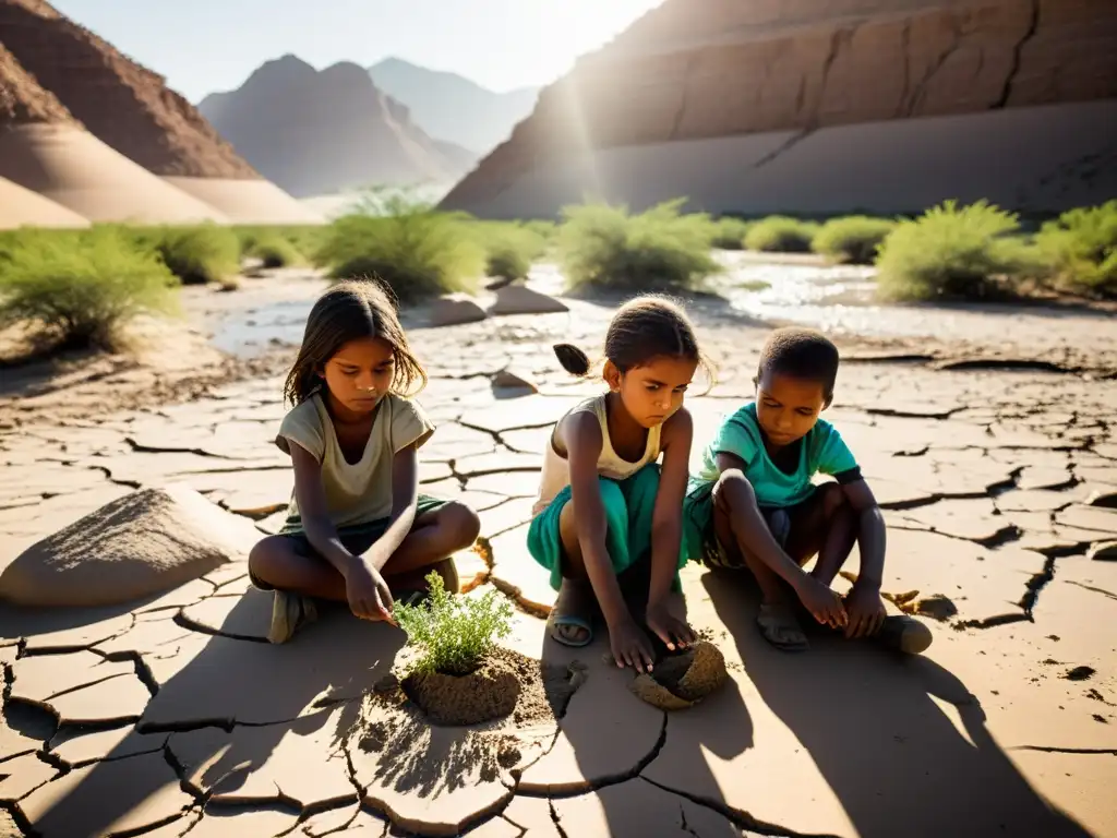 Niños jugando en un lecho de río seco, rodeados de tierra agrietada y plantas marchitas bajo el sol abrasador