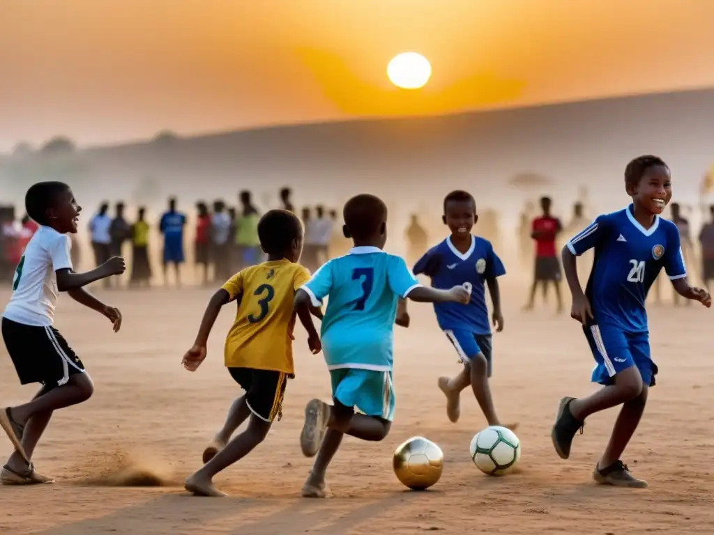 Niños locales juegan fútbol al atardecer en un campo improvisado, rodeados de espectadores animados