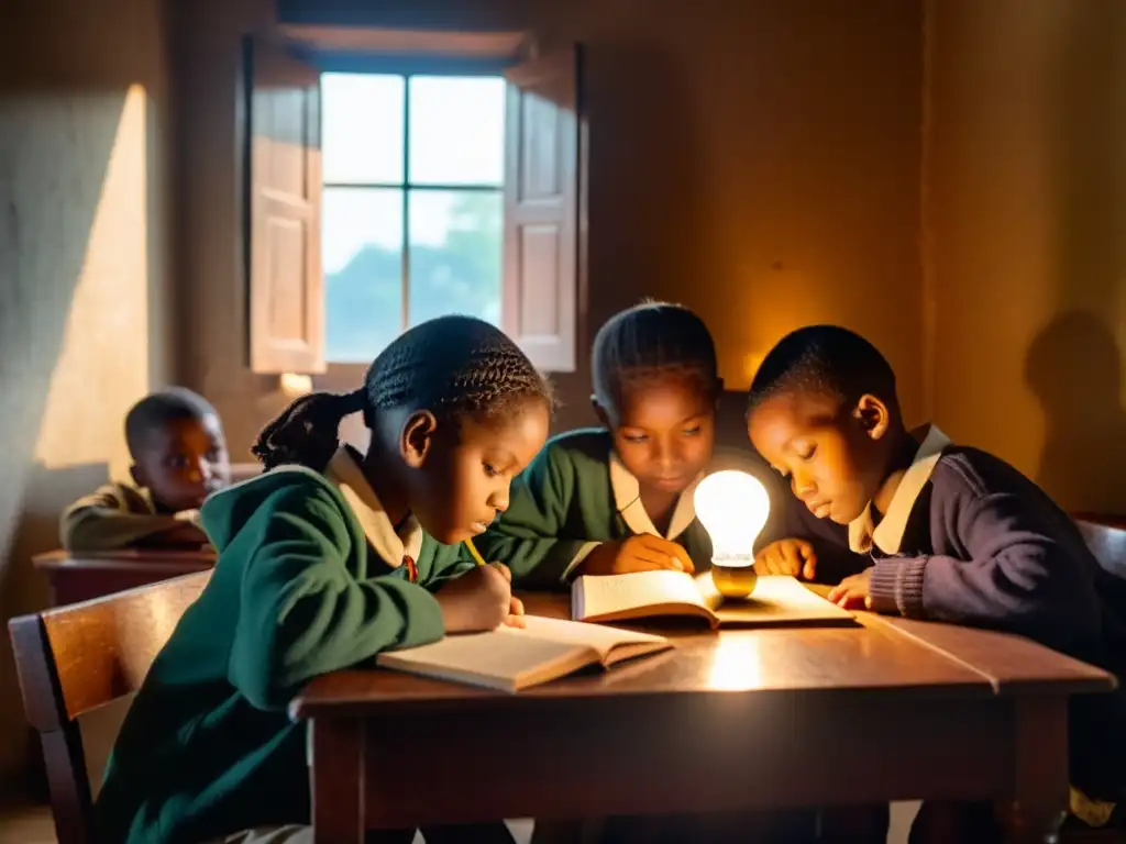 Niños estudian con determinación a la luz de una vela en un ambiente con poca iluminación