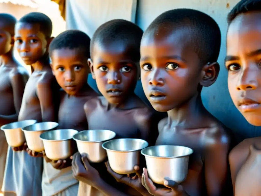 Niños malnutridos esperando alimentos en un campamento de ayuda