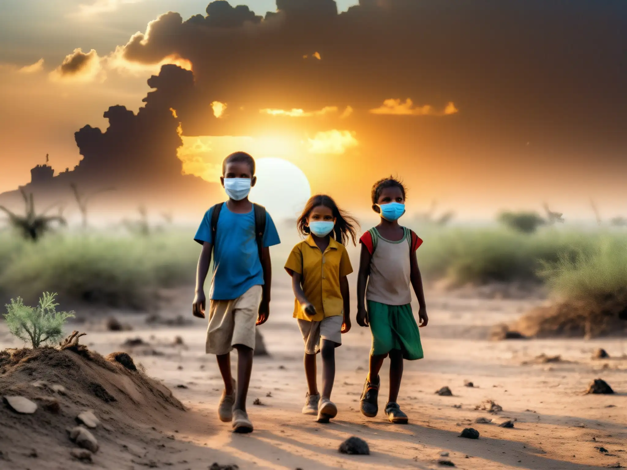 Niños con máscaras caminan en paisaje árido, simbolizando impacto del cambio climático en su salud y educación, destacando la protección de derechos niños