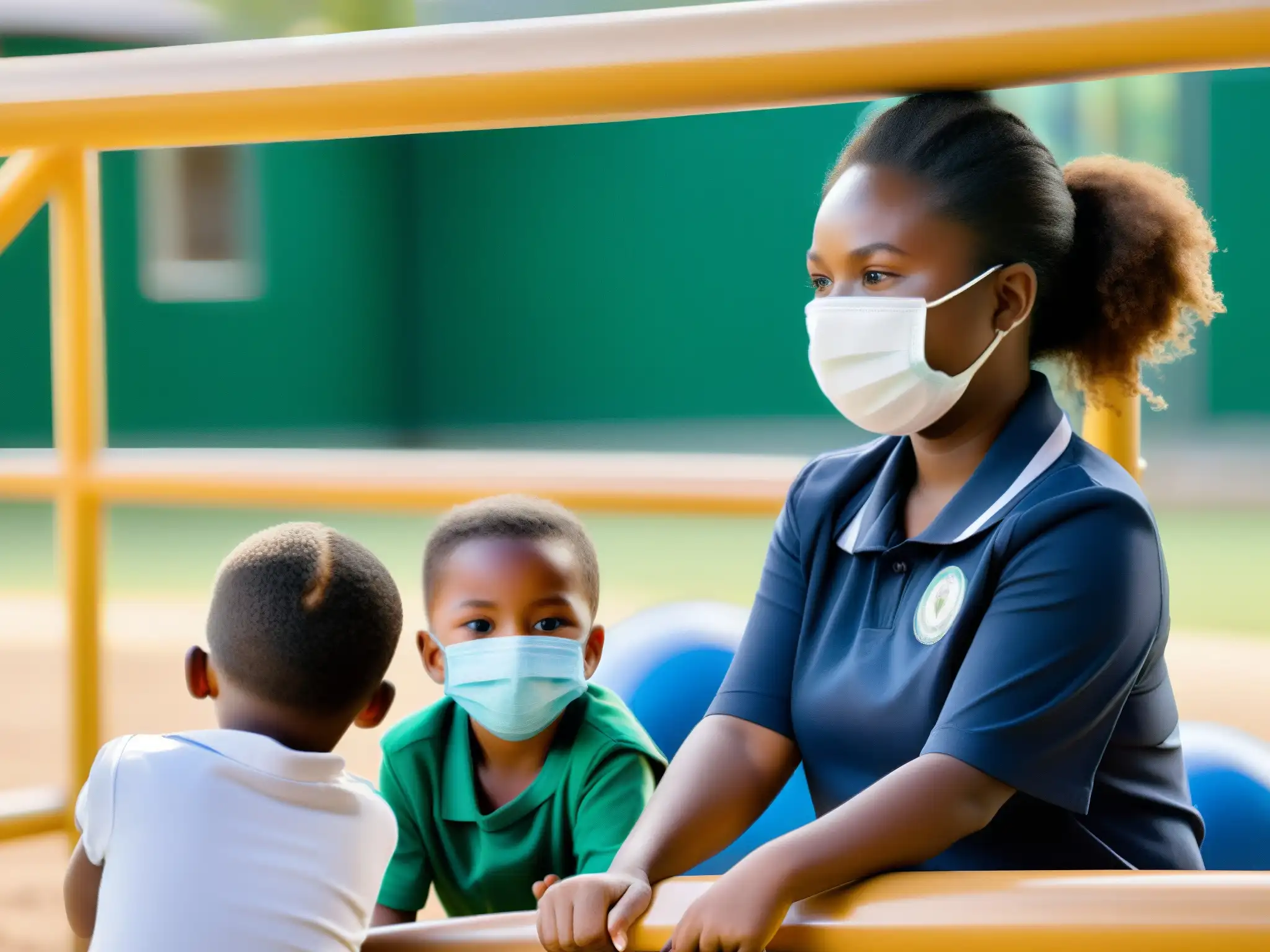 Niños con máscaras juegan en el patio de la escuela mientras la maestra observa