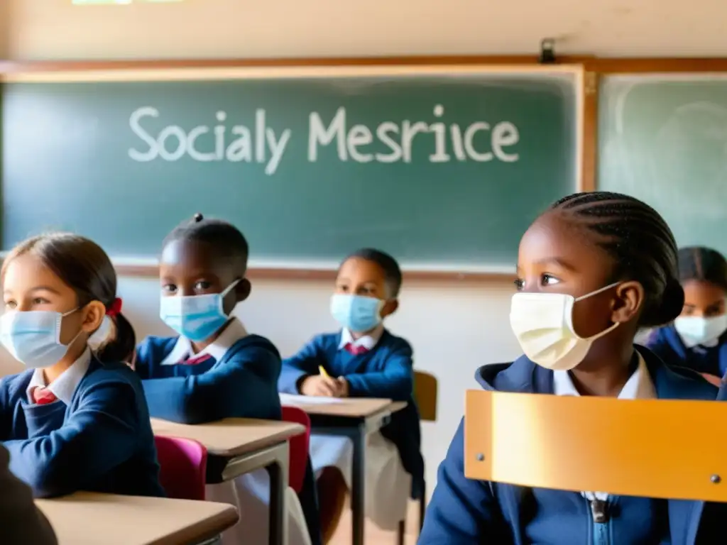 Niños con mascarillas aprenden en aula distanciada, adaptándose a la educación en tiempos de pandemia