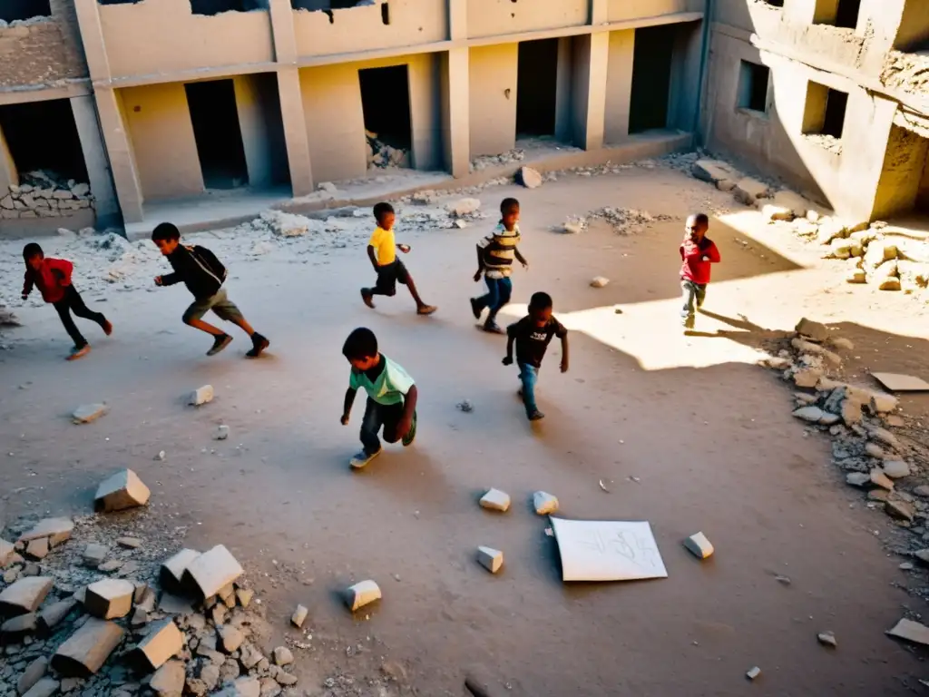 Niños dibujando en medio de la devastación urbana, mostrando la dura realidad de la infancia en zonas de conflicto