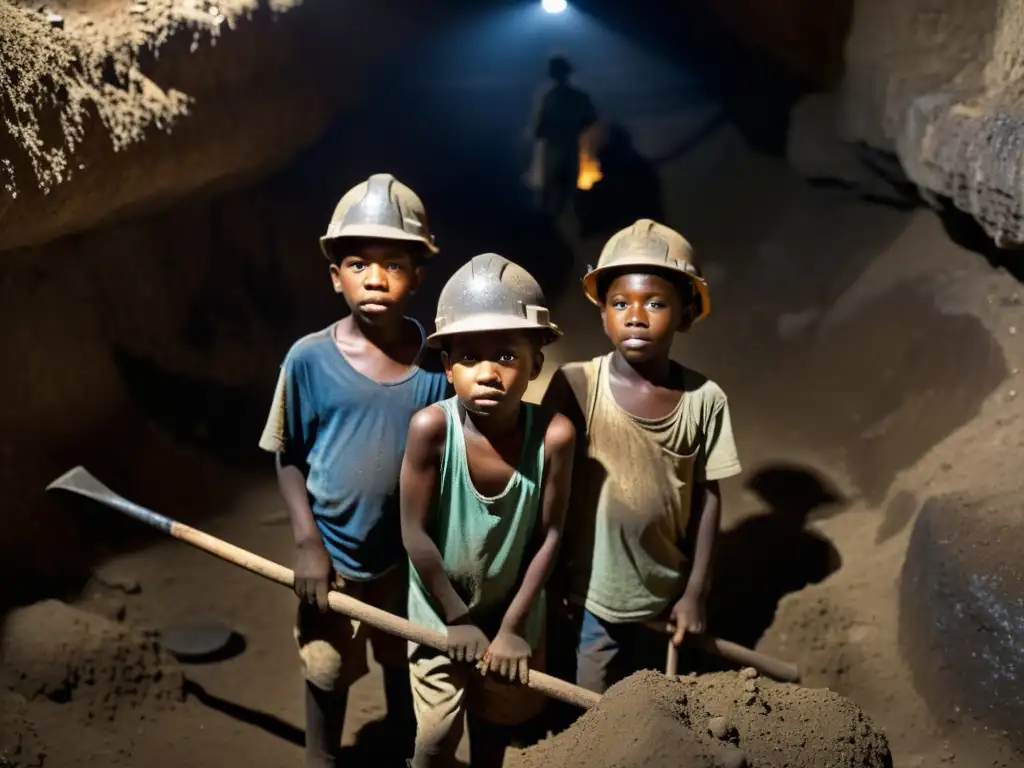 Niños trabajando en mina, mostrando determinación y agotamiento