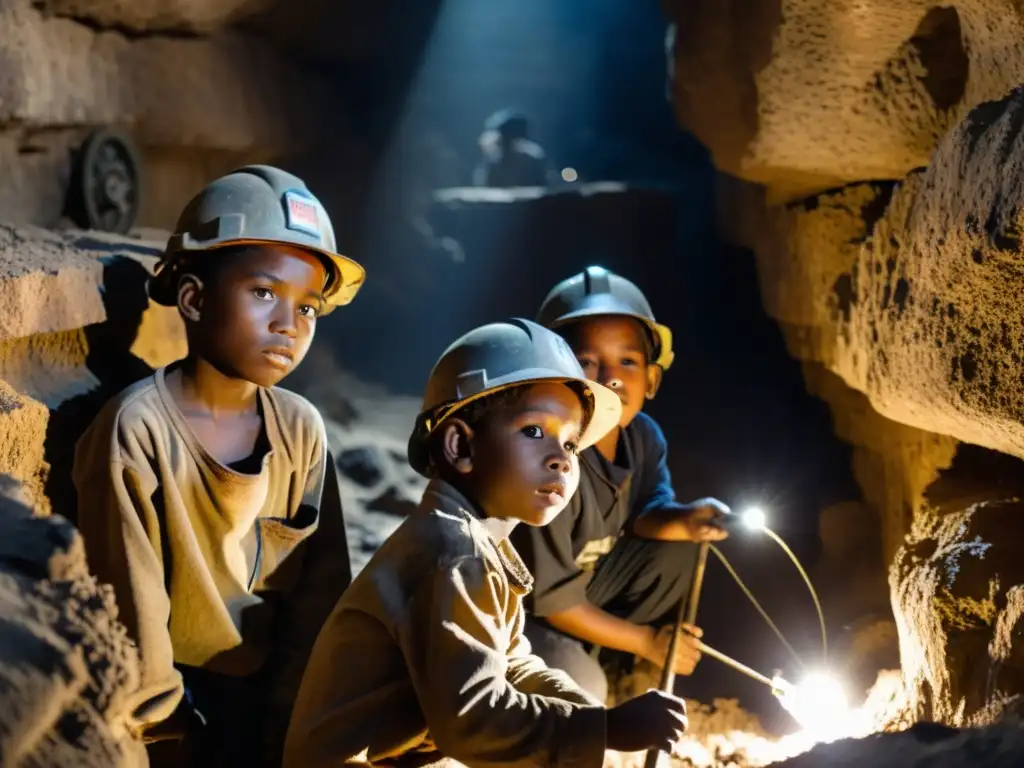 Niños trabajando en mina oscura con herramientas pesadas, sus rostros sucios reflejan la dura realidad de la explotación laboral infantil en minas