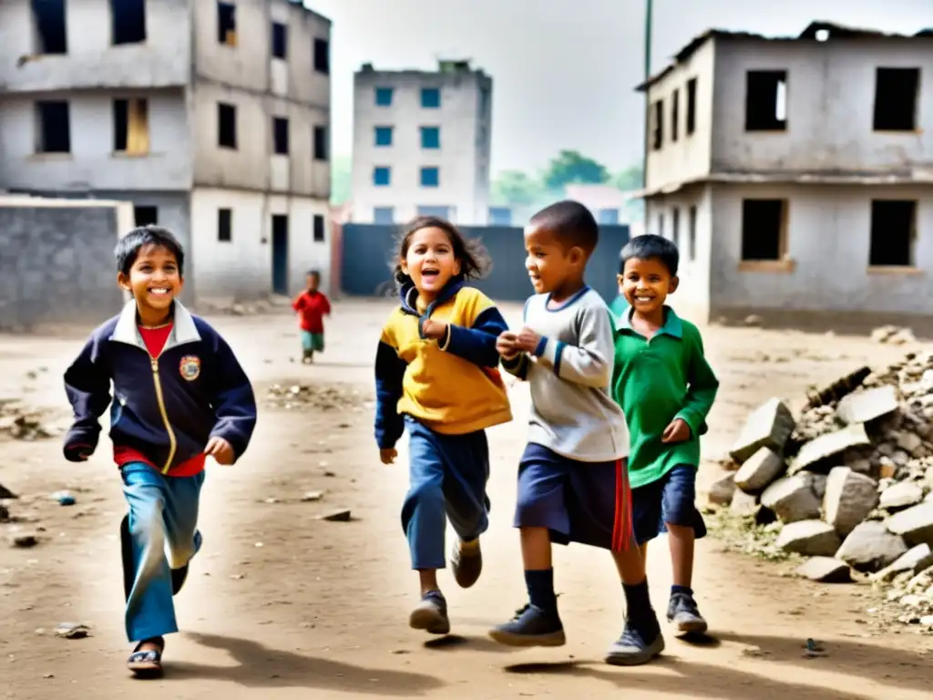 Niños de minorías étnicas juegan en entorno urbano deteriorado, reflejando el impacto de la pobreza en la infancia