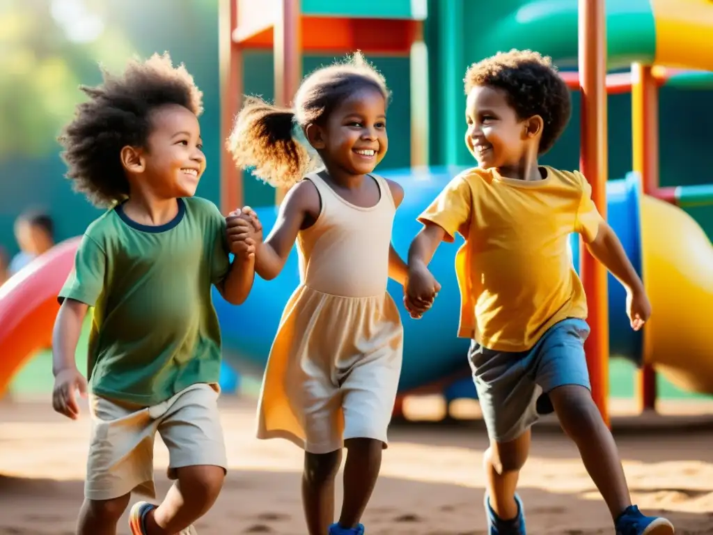 Niños de todo el mundo juegan juntos en un parque inclusivo, mostrando la importancia de la legislación internacional en los derechos del niño