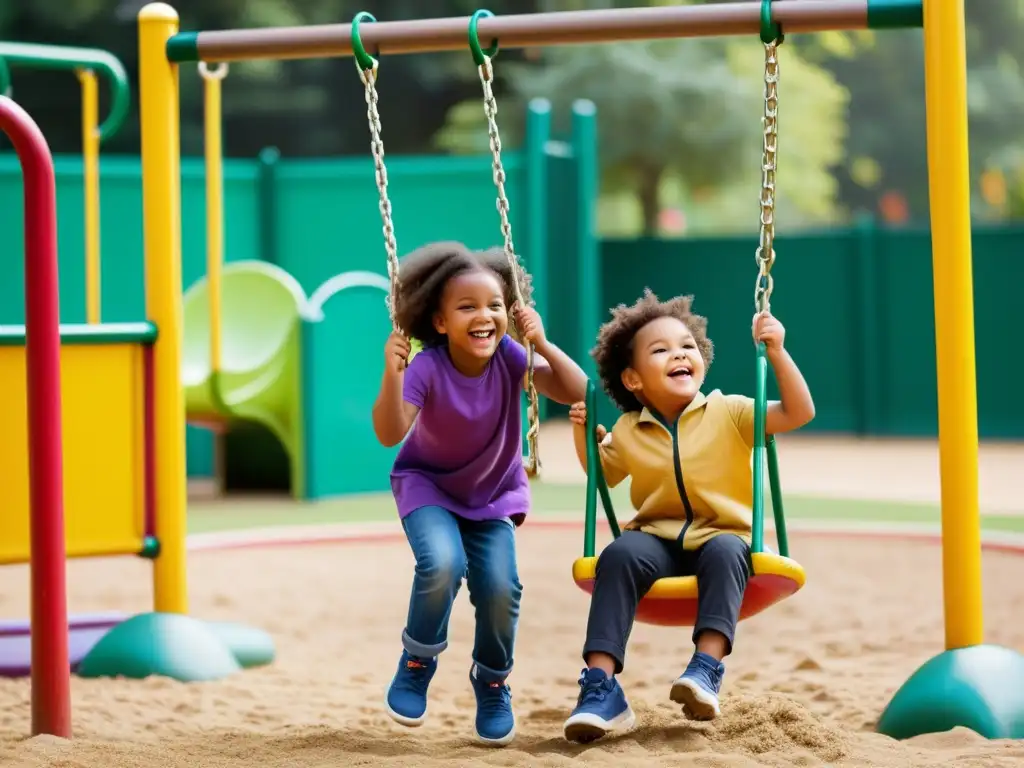 Niños de distintos orígenes culturales juegan juntos en un parque inclusivo, irradiando alegría y armonía, cumplimiento Convención Derechos Niño