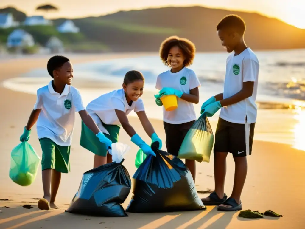 Niños limpiando la playa al atardecer, promoviendo la educación ambiental y las responsabilidades hacia el planeta