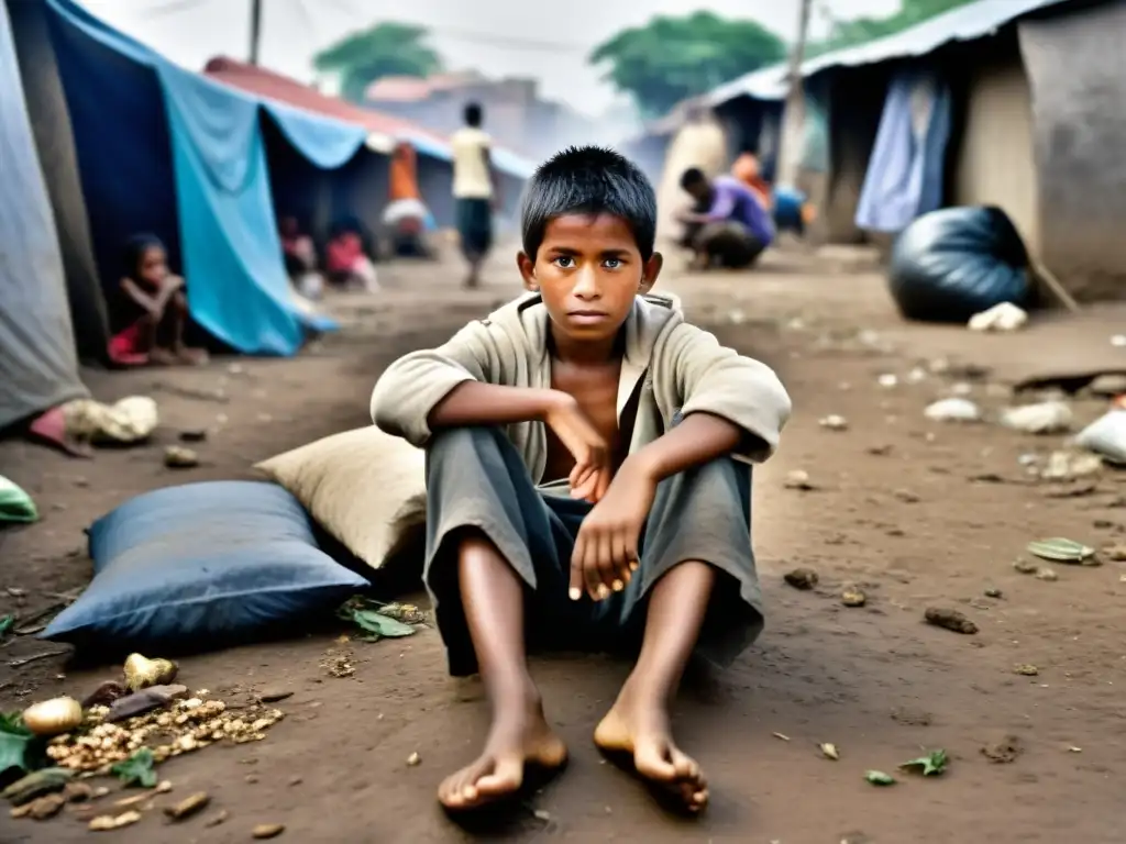 Niños en la pobreza urbana, descalzos y desgastados, expresan trabajo infantil y pobreza en un entorno desolador