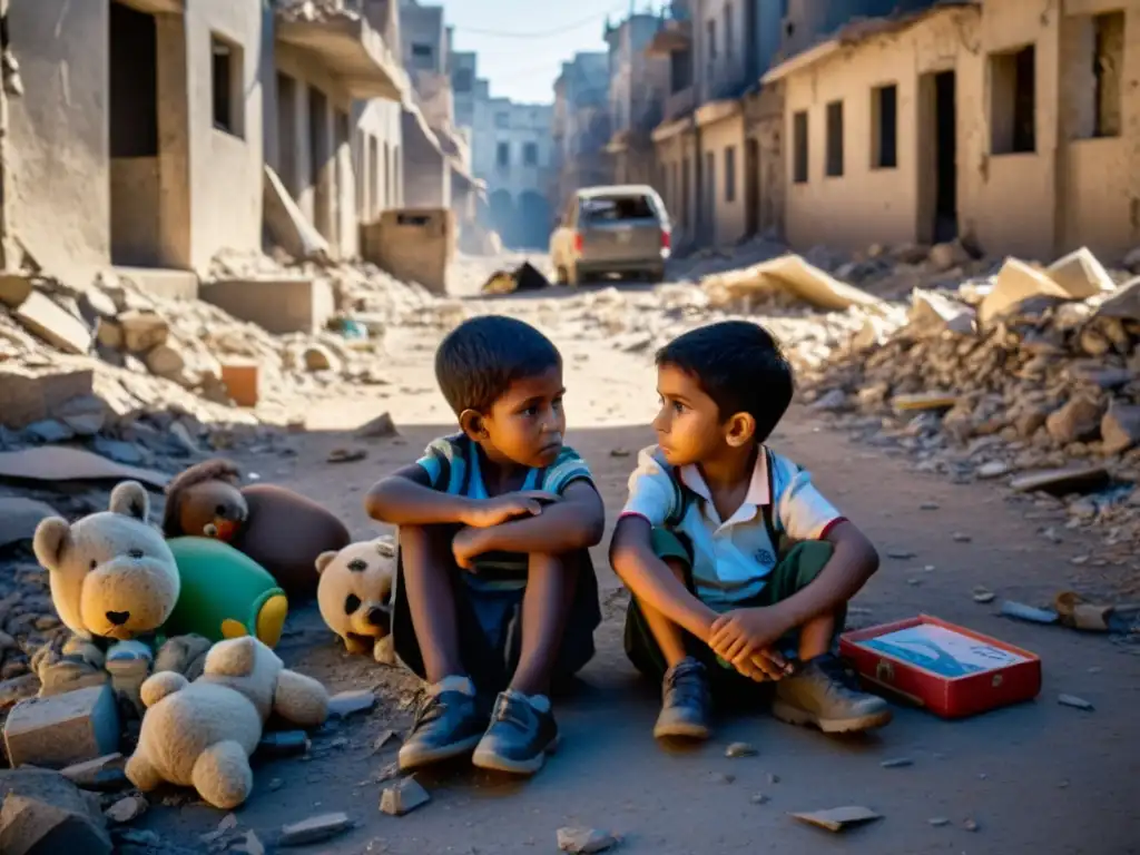 Niños protegidos en conflictos armados: rostros llenos de miedo y esperanza en una calle devastada por la guerra