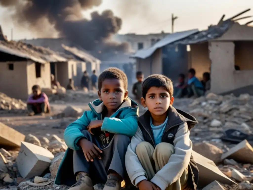 Niños protegidos en zona de conflicto: abrazados en refugio improvisado entre escombros, reflejan resiliencia y esperanza