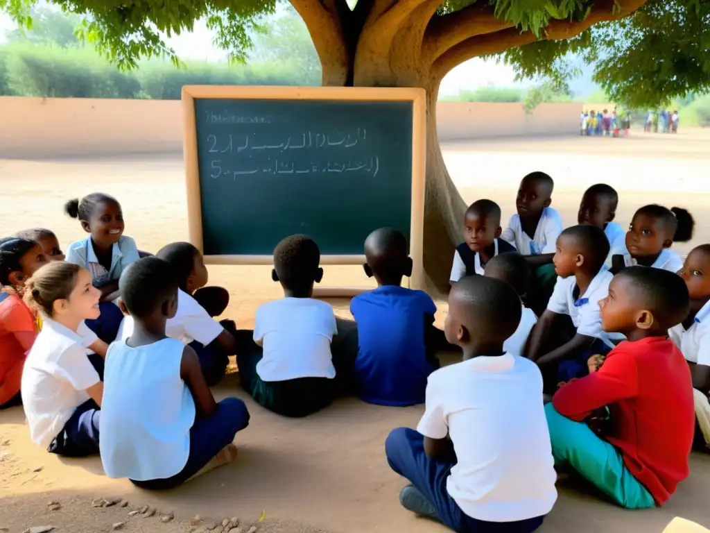 Niños refugiados aprendiendo al aire libre con voluntario, soluciones educación niños refugiados