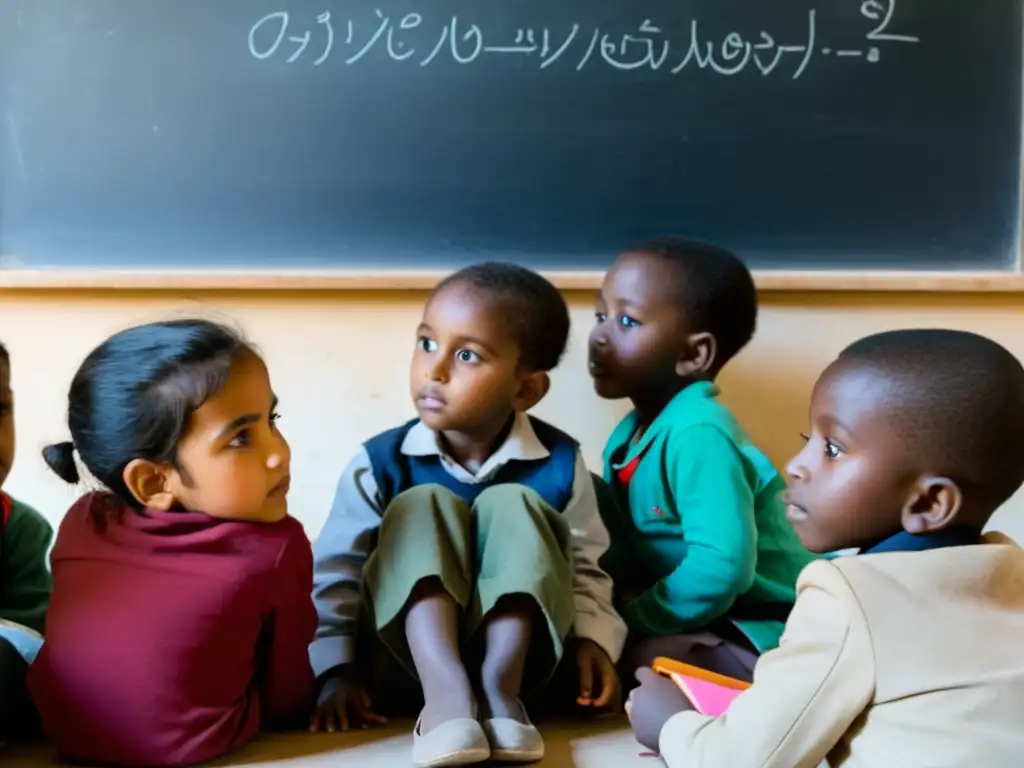 Niños refugiados en aula improvisada, absorbiendo conocimiento con esperanza