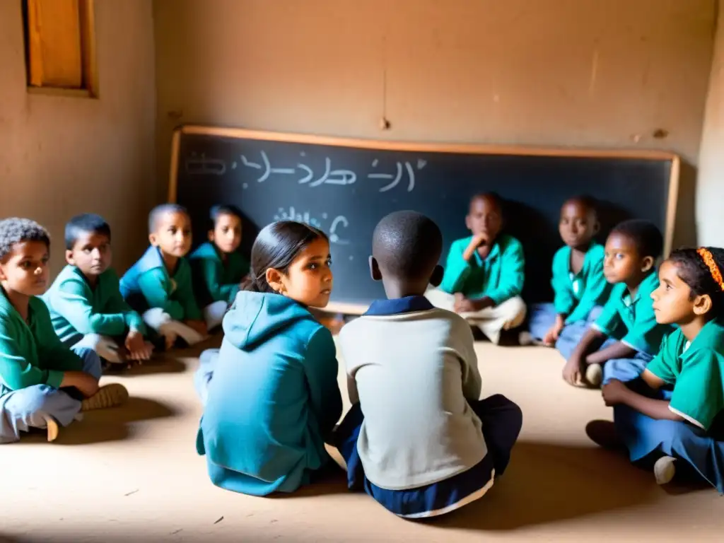 Niños refugiados aprendiendo en un aula improvisada, buscando soluciones educativas y esperanza para un futuro mejor