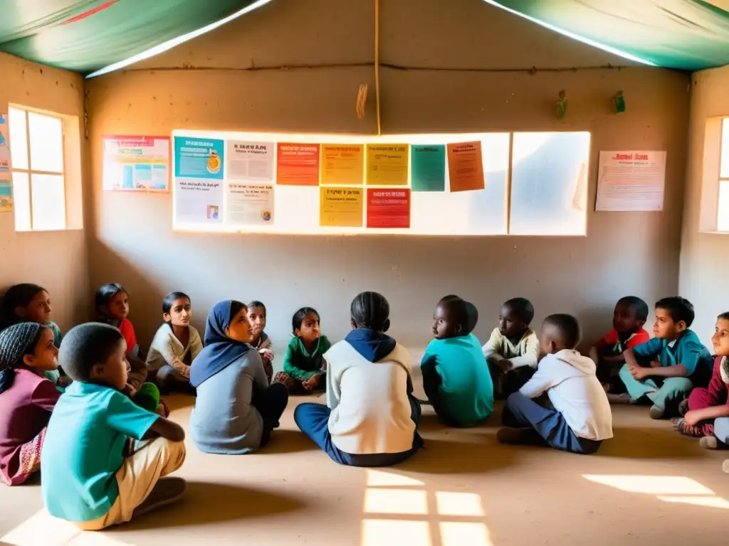 Niños refugiados aprenden con pasión en un aula improvisada en campamento, mostrando el impacto de la educación en situaciones difíciles