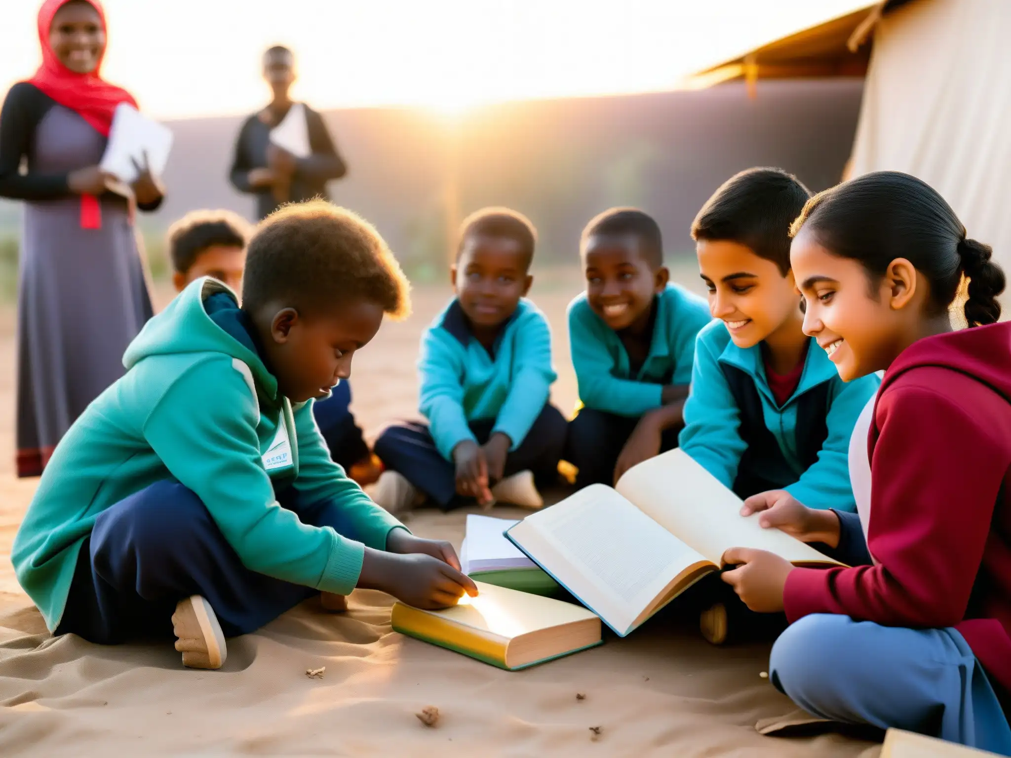 Niños refugiados participan con determinación en clase al aire libre, mostrando su derecho a educación en conflictos