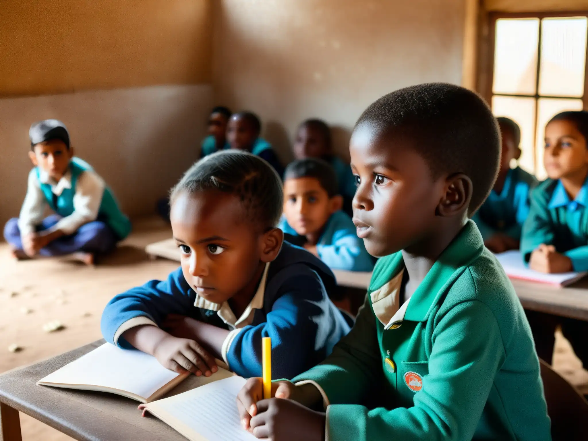 Niños refugiados participan con determinación en clase, desafiando condiciones adversas