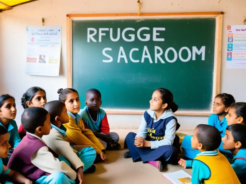 Niños refugiados aprendiendo con entusiasmo en aula improvisada, impacto educación campamentos refugiados