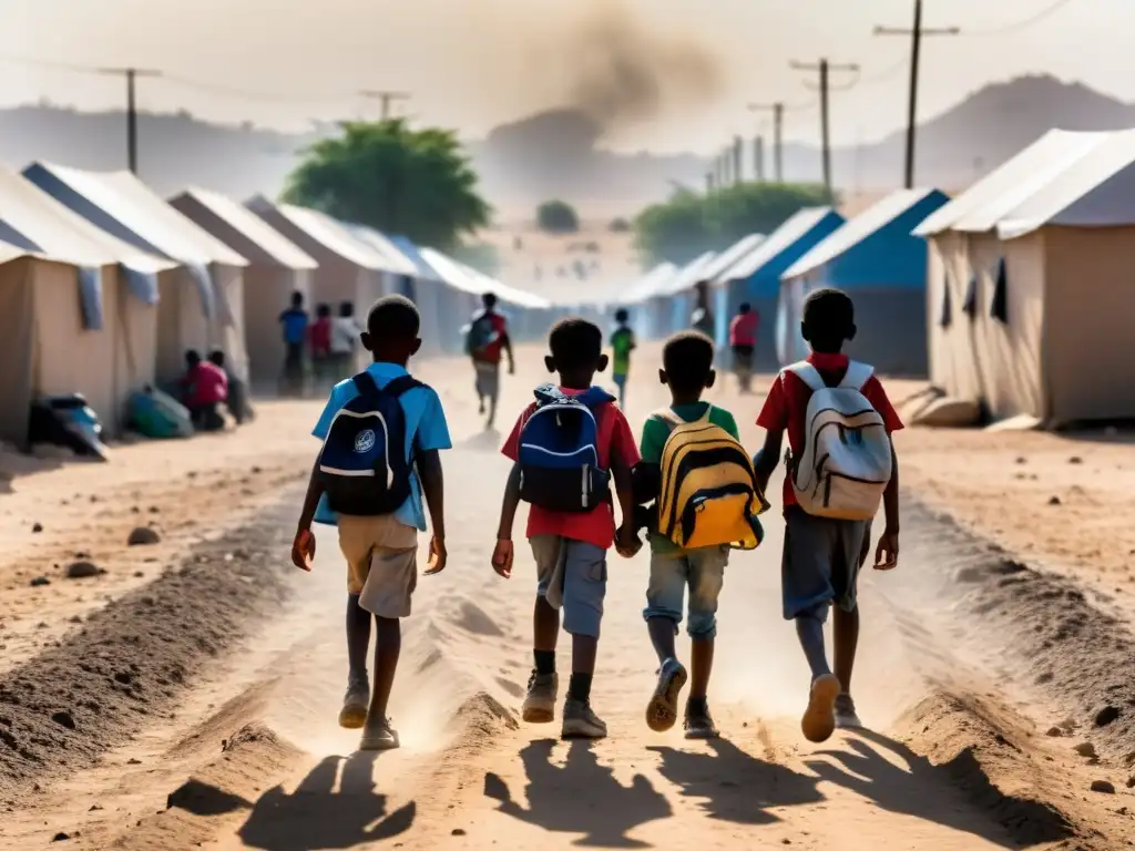 Niños refugiados caminan hacia escuela en campamento, buscando Acceso a educación primaria en rutas migratorias