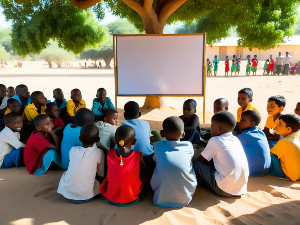 Niños refugiados aprenden con esperanza bajo un árbol en campamento, impacto educación campamentos refugiados