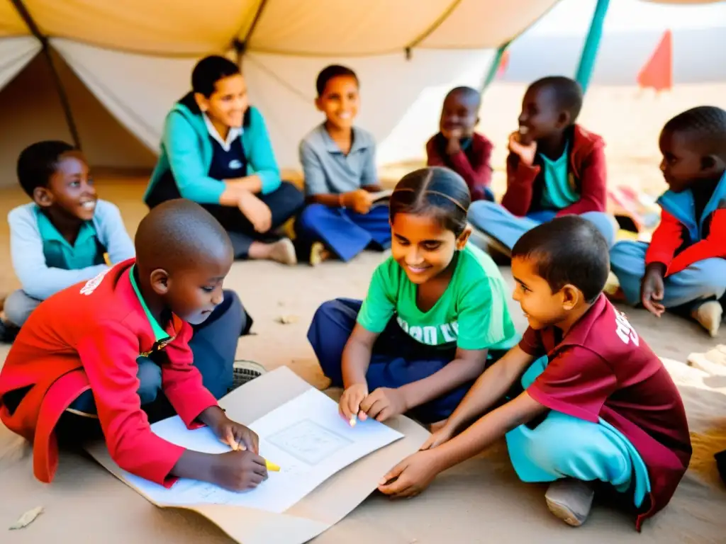 Niños refugiados disfrutan de una lección educativa en un campamento, resaltando la importancia de la educación temprana en entornos de refugio