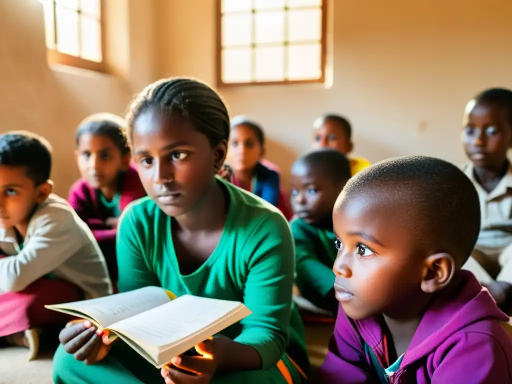 Niños refugiados participando en una lección con soluciones educativas, iluminados por la luz del sol