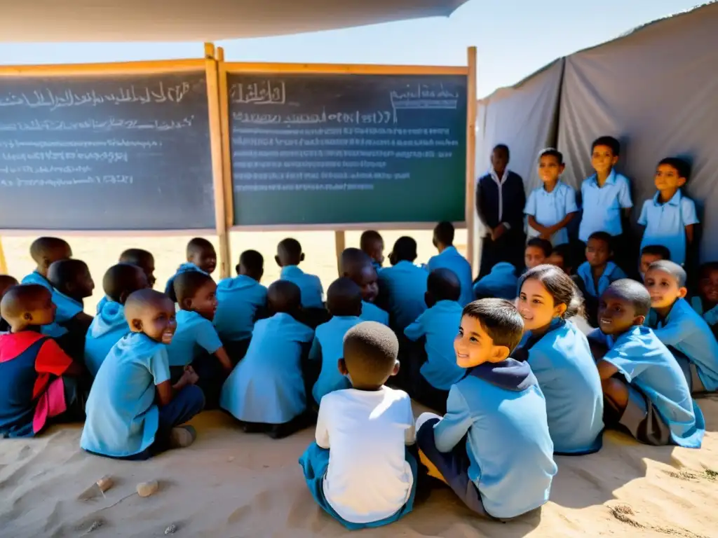 Niños refugiados aprendiendo con soluciones educativas en campamento