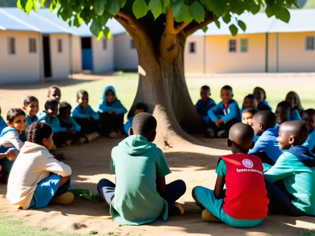 Niños refugiados sonrientes aprendiendo bajo un árbol en un campamento, mostrando el impacto positivo de la educación en condiciones desafiantes