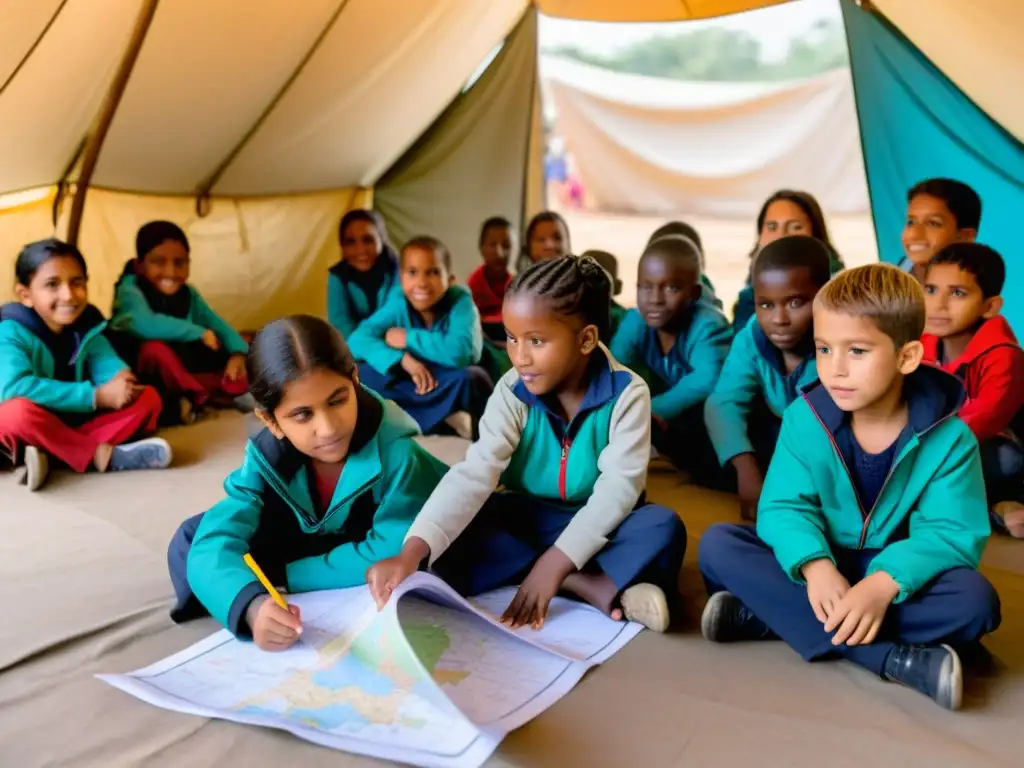 Niños en refugio participan con determinación en clase al aire libre, demostrando continuidad educativa en desplazamiento forzoso