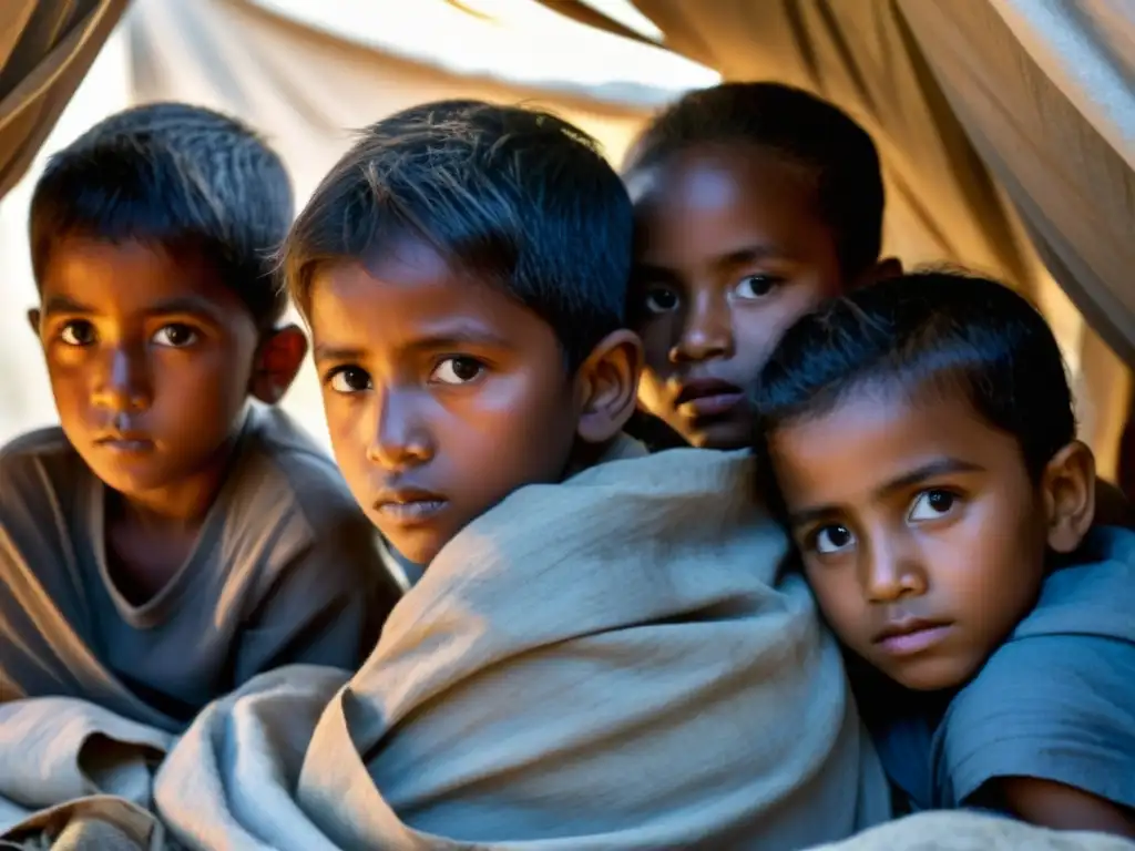 Niños en refugio improvisado, reflejando miedo y resiliencia