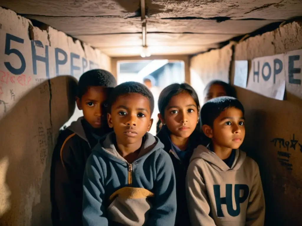 Niños en refugio subterráneo, ojos reflejan miedo