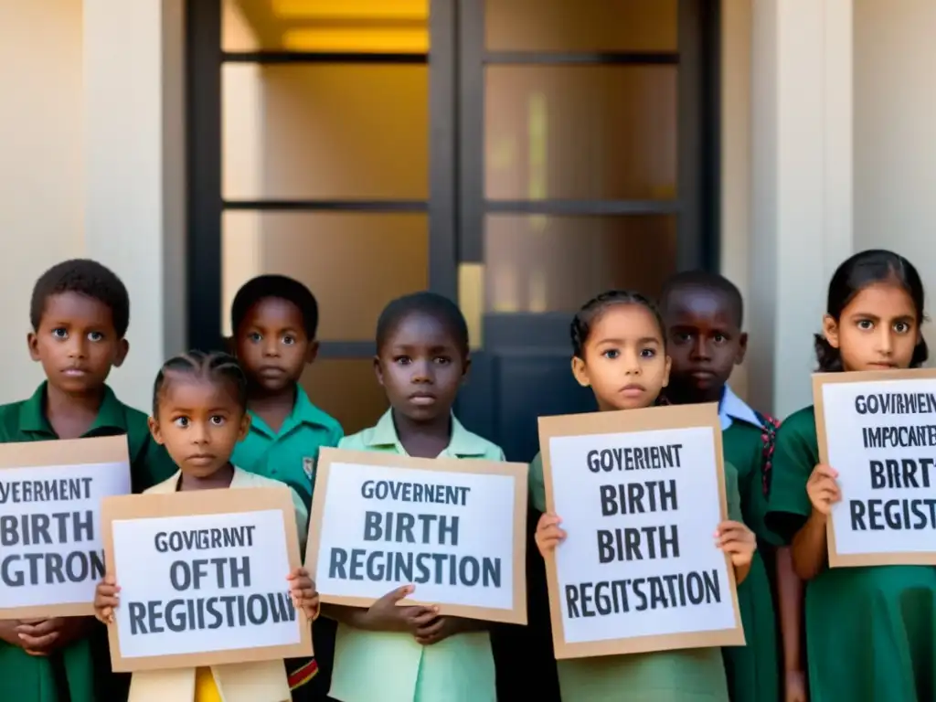 Niños sin registro civil frente a edificio gubernamental