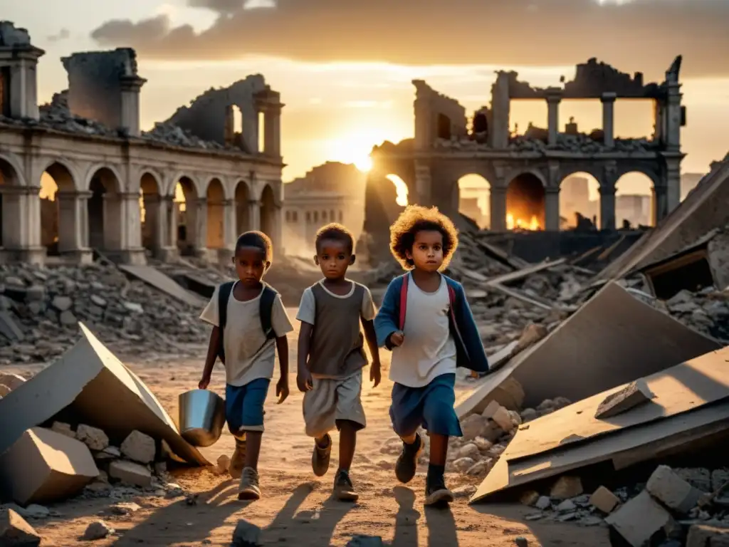 Niños jugando entre ruinas al atardecer: impacto de conflictos olvidados Niños jugando entre las ruinas de una ciudad destruida por conflictos olvidados, mostrando el impacto a largo plazo en la generación más joven