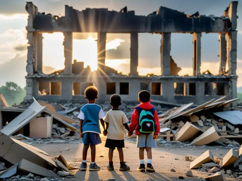 Niños en ruinas de guerra, mostrando resiliencia y esperanza