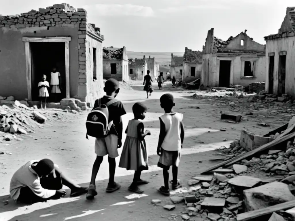 Desolación infantil en aldea devastada por la guerra Niños jugando entre ruinas de un pueblo devastado por conflictos olvidados, reflejando el impacto a largo plazo