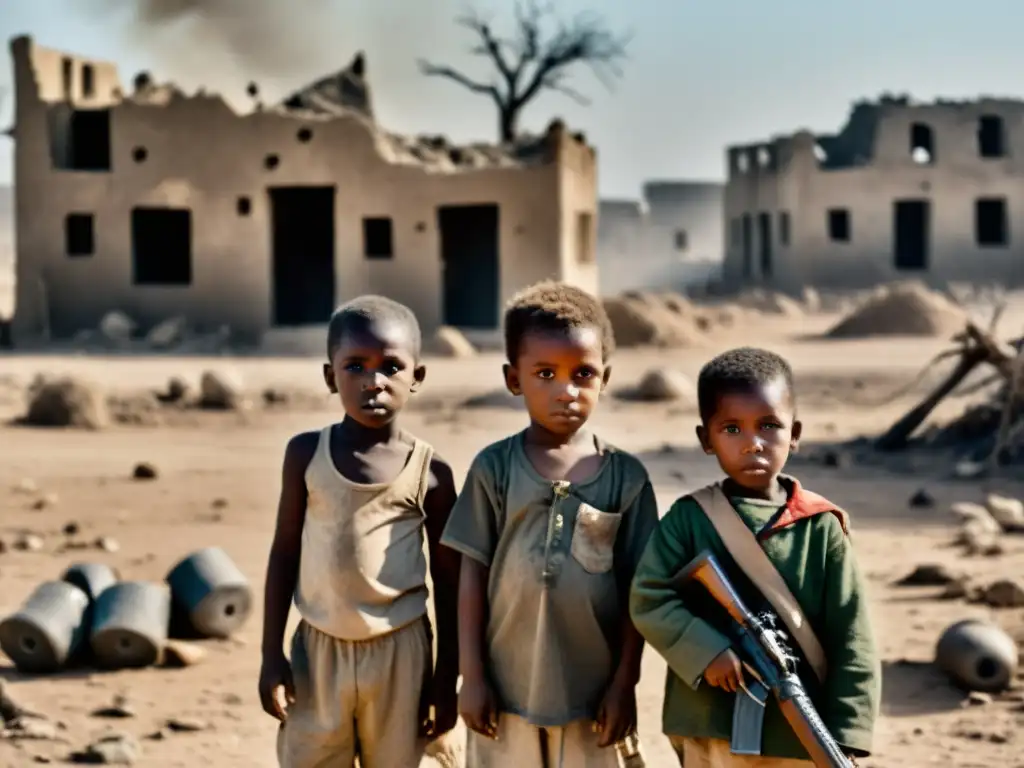 Niños soldados en paisaje devastado, con miradas sombrías y juguetes de guerra