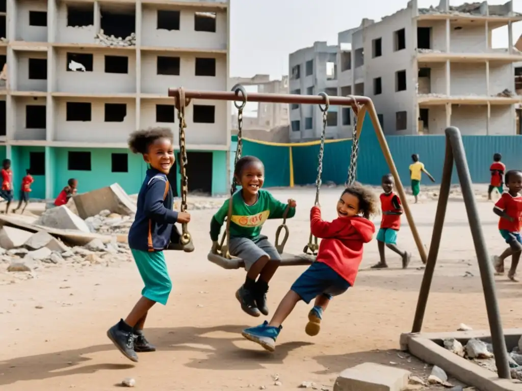 Niños sonríen y juegan en un área de juego improvisada en zona de conflicto, destacando la protección de derechos en medio de la adversidad