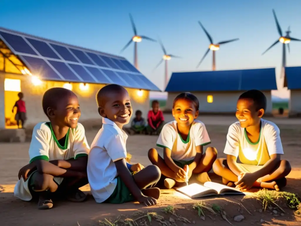 Niños sonrientes estudian bajo luces solares en una aldea rural, con molinos de viento y paneles solares al fondo