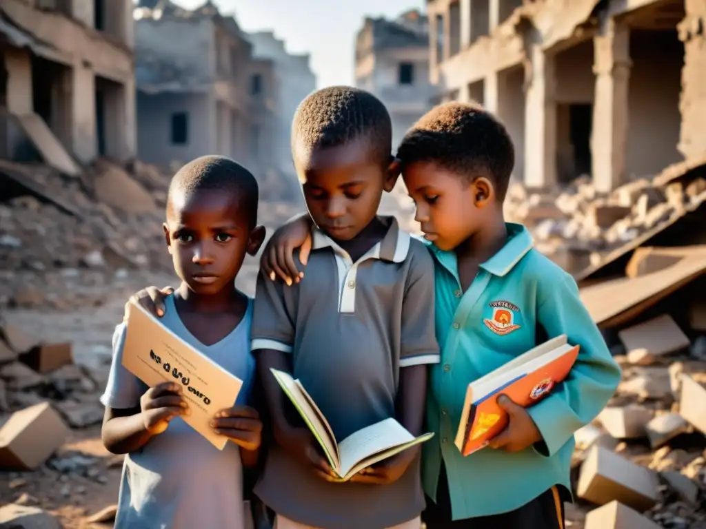 Niños en zona de guerra, con miradas de miedo y esperanza, sostienen juguetes y libros