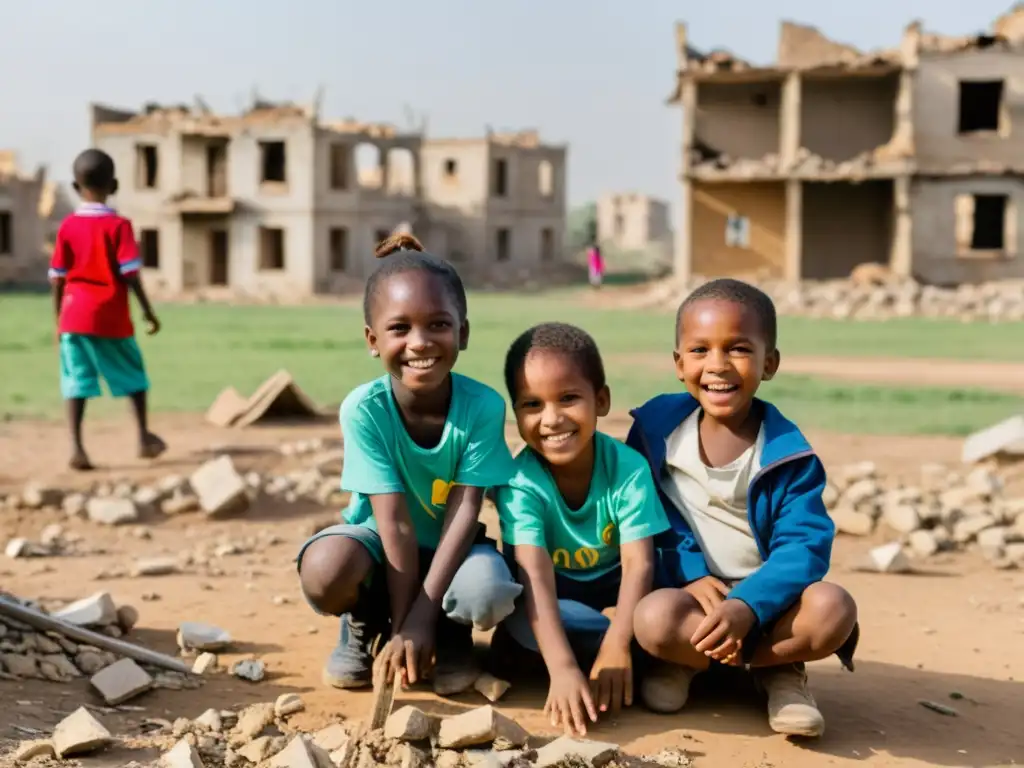 Niños de zona posconflicto juegan entre ruinas, mostrando resiliencia y esperanza