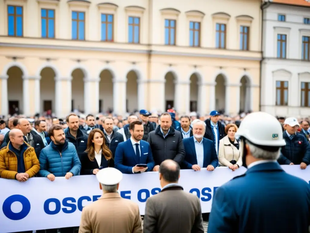 Observadores de la OSCE atentos en una plaza, capturando la importancia de la misión de observación de la OSCE en la sociedad